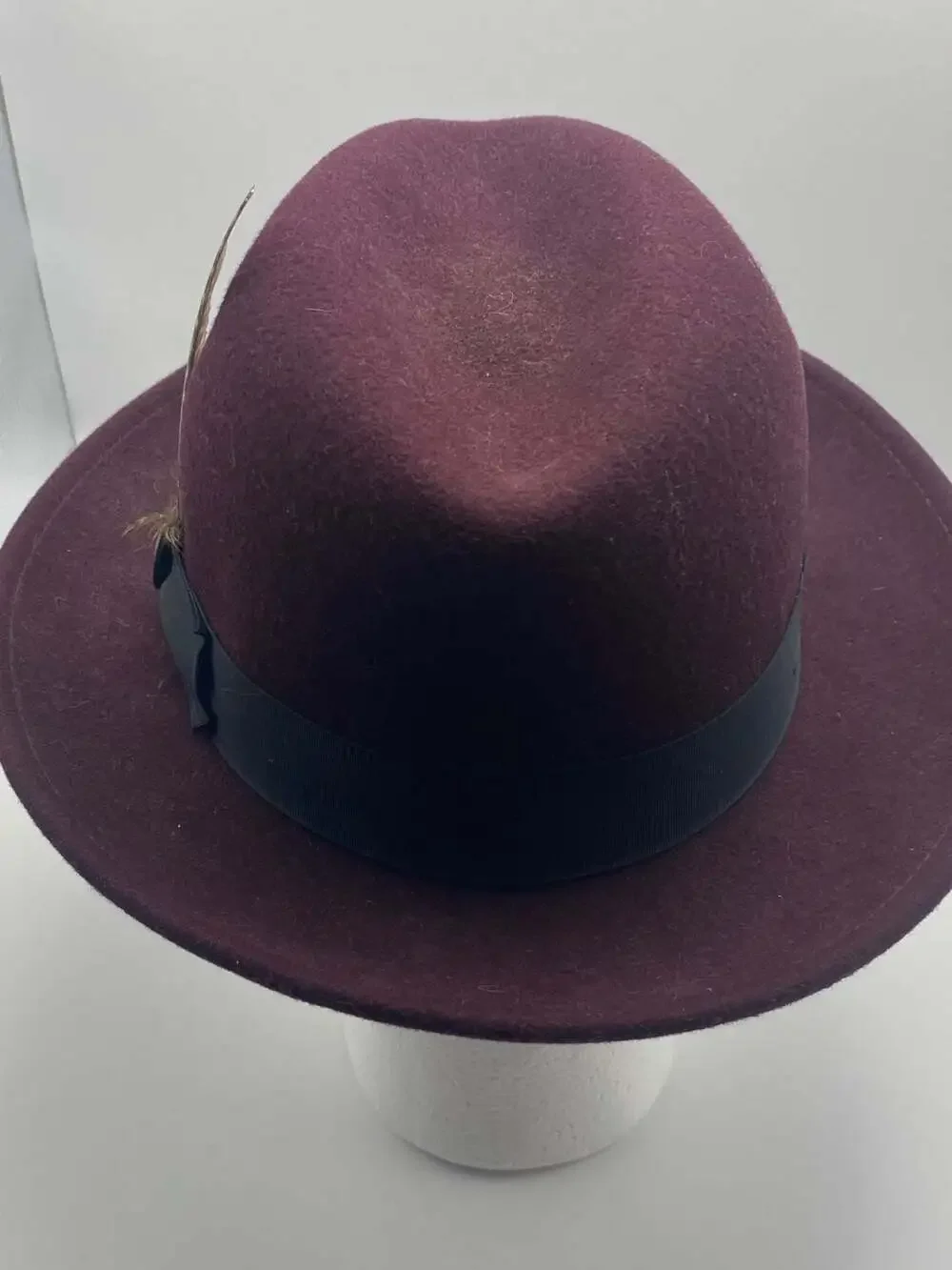 Coorin Bros Burgundy Wool Fedora Hat with Black Band and Feather Accent, Medium